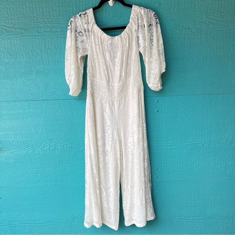 Farm Rio Anthropologie Elliot Ivory Off the Shoulder Elegant Jumpsuit SI… - Picture 6 of 15